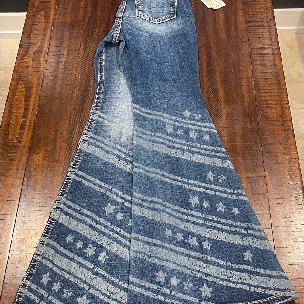 Miss Me Wide Flare Leg Star Patterned Blue Jeans